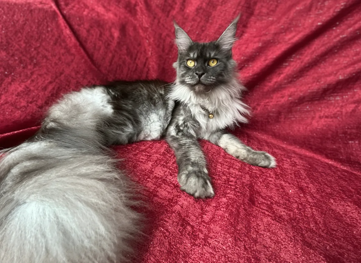 European Maine Coon lounging on red velvet — Chatlerie Illinois cattery